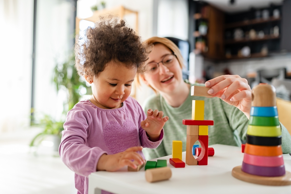 Mum and toddler wiht building blocks